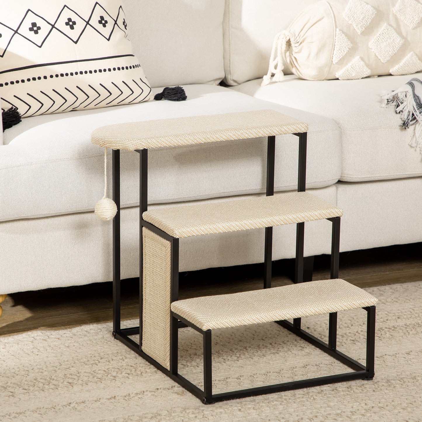 Pawhut Escalera Para Perros De 3 Niveles Con Bola Colgante 47x45x47 Cm Crema_1