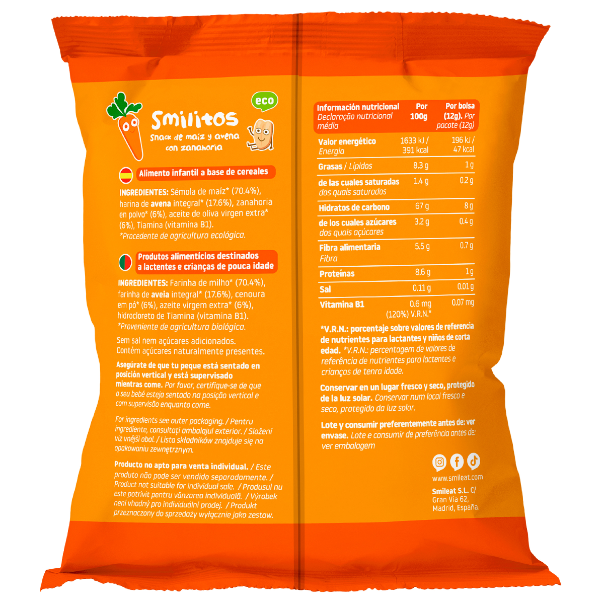 Smilito Milho, Aveia e Cenoura Multipack ECO Smileat 4 saquetas de 12g.