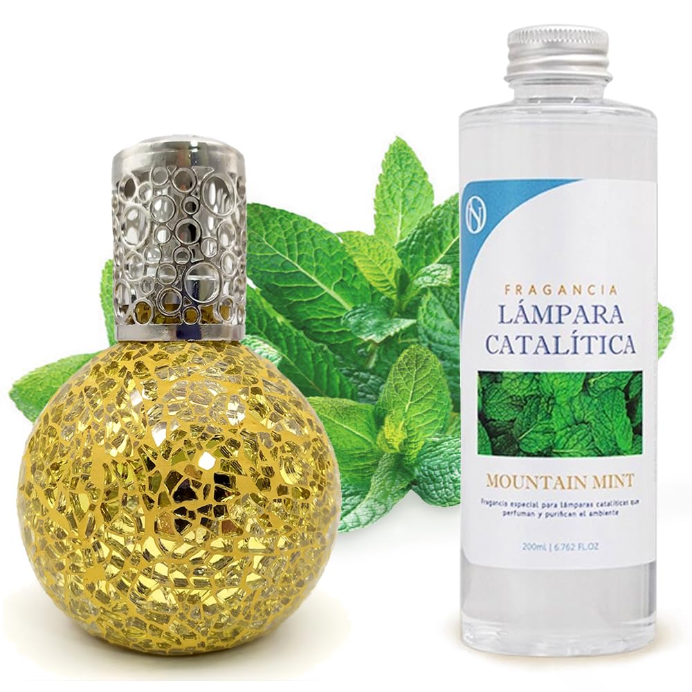 Lámpara Catalítica Mosaico Dorado + Aroma Mountain Mint 500ml - Elimina Malos Olores, Impurezas Y Perfuma_0