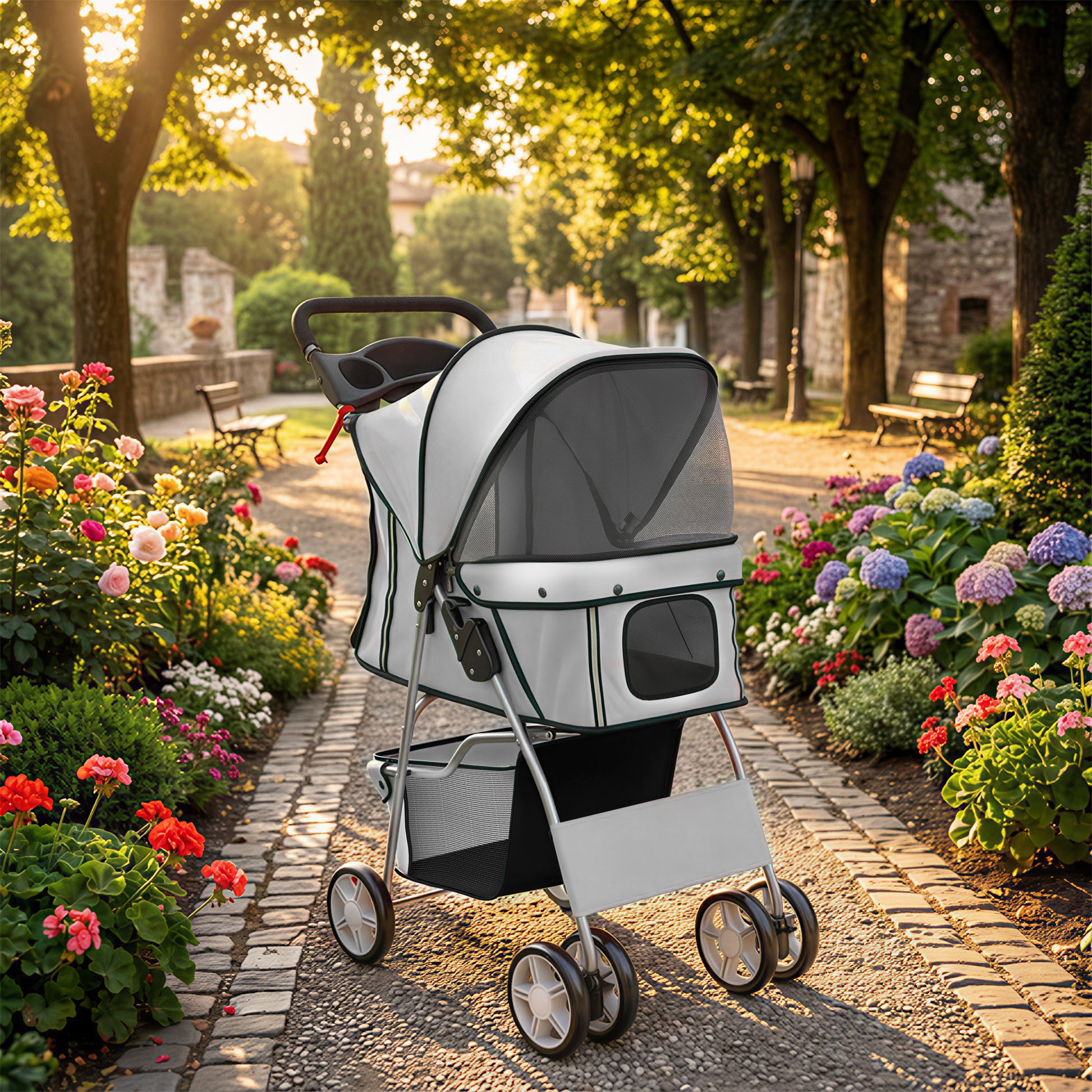 Pawhut Carrito Para Perros Plegable Con Cesta De Almacenaje 77x44x102 Cm Gris_1