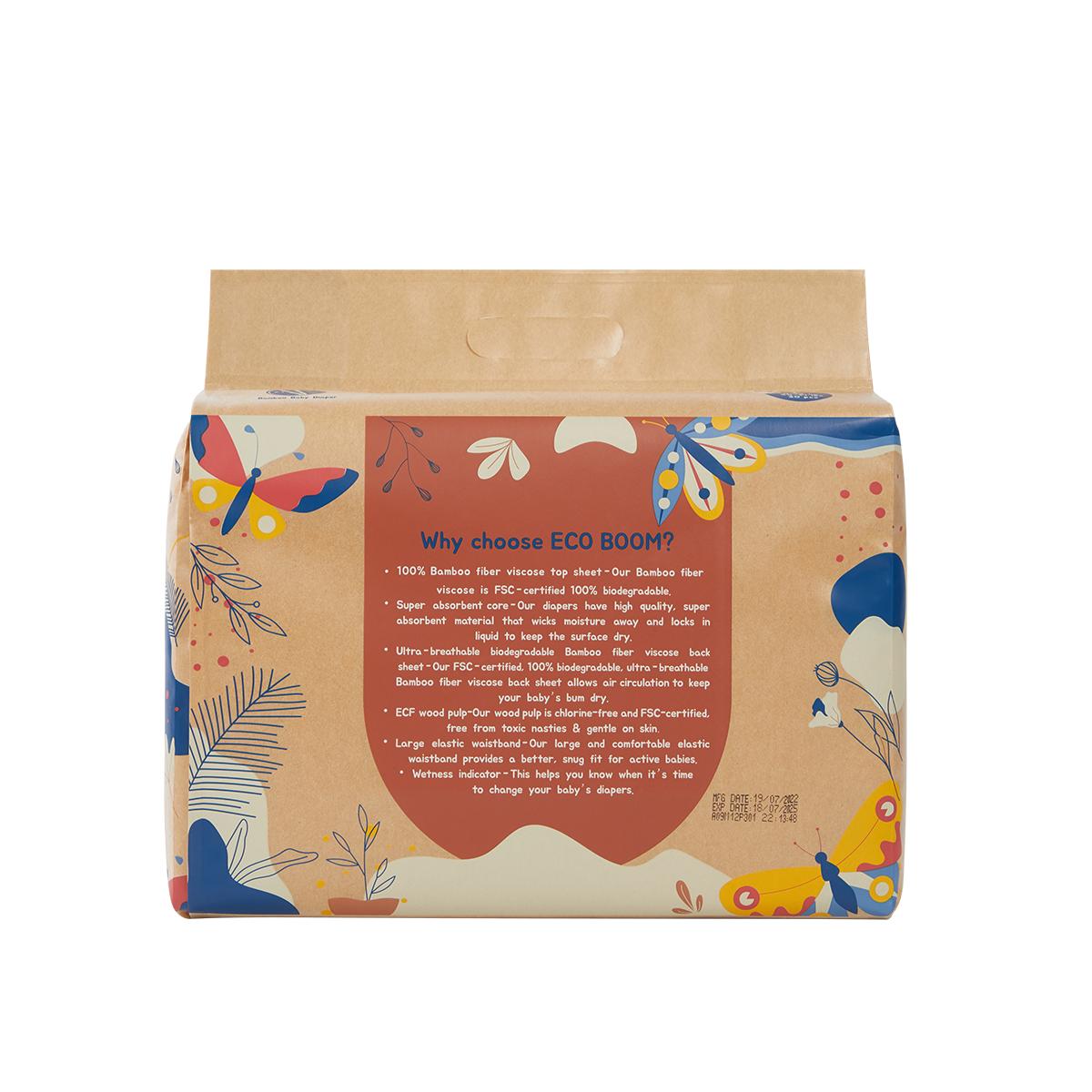 ECOBOOM - Fralda de Bambu Eco Boom. 70% biodegradável, hipoalergénica (tamanho 4/L, 9-14 kg, embalagem de 4 sacos, total de 120 fraldas)