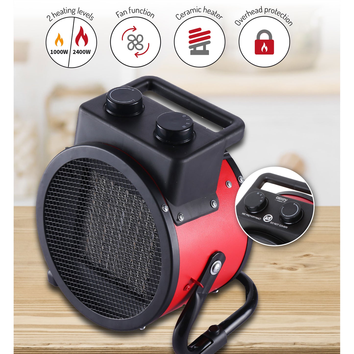 Calefactor Cerámico Termoventilador Portátil, 2 Niveles Potencia Termostato Automático, Moderno Camry Cr7743, Negro/rojo_3