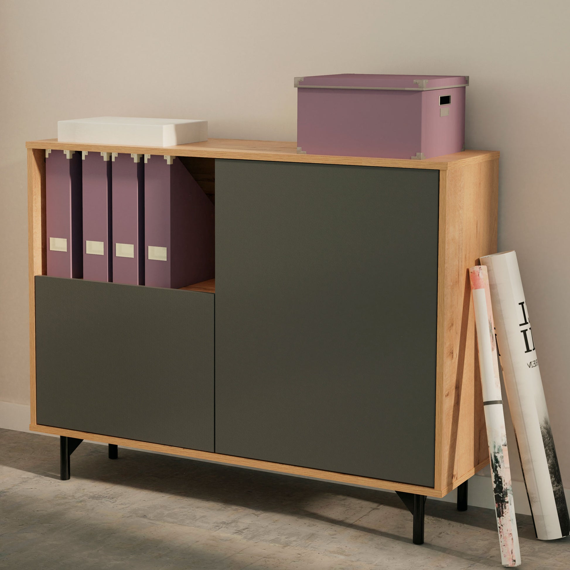 Aparador, Mueble Salón Auxiliar, Buffet, 2 Puertas, 1 Estante 86x112x33 Cm Recibidor Moderno, Briebe, Fokus, Gris_2