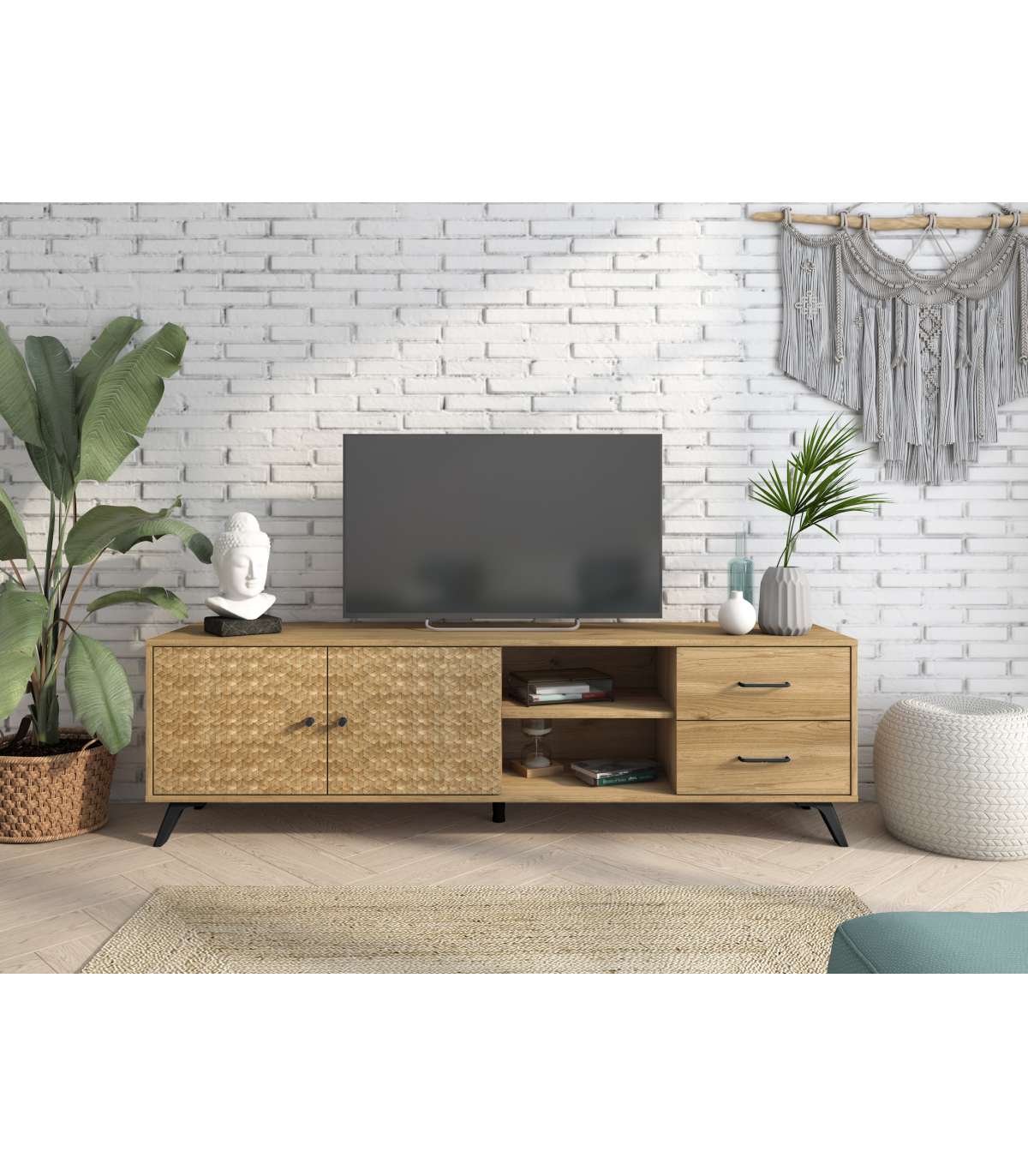 Mueble Tv 2 Puertas 2 Cajones Malaga Acabado Natural/serigrafía, 53m(alto) 180.5cm(ancho)_1