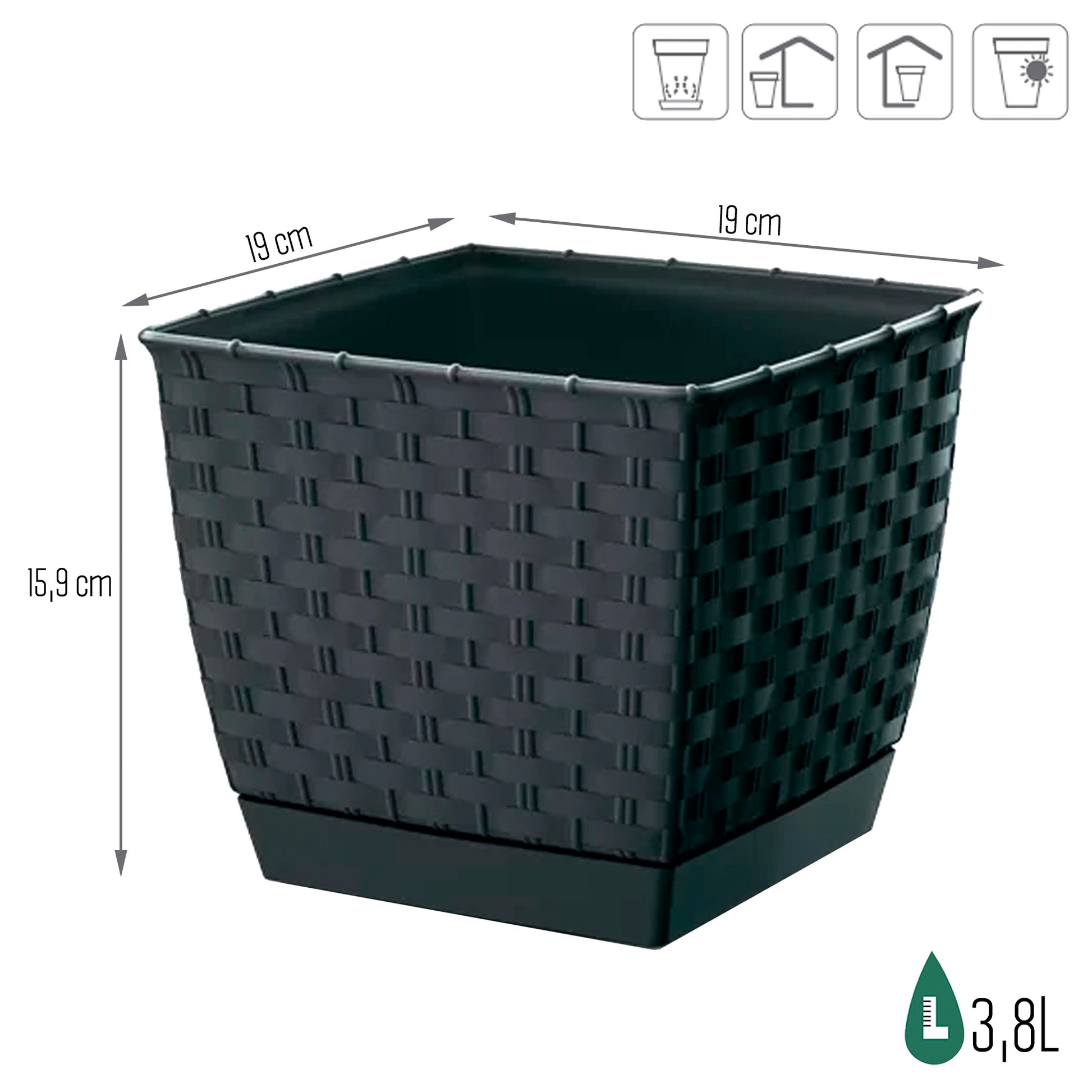 Maceta Ratolla Square 3,8l., Dimensiones (mm) 190x190x159, Color Antracita_2