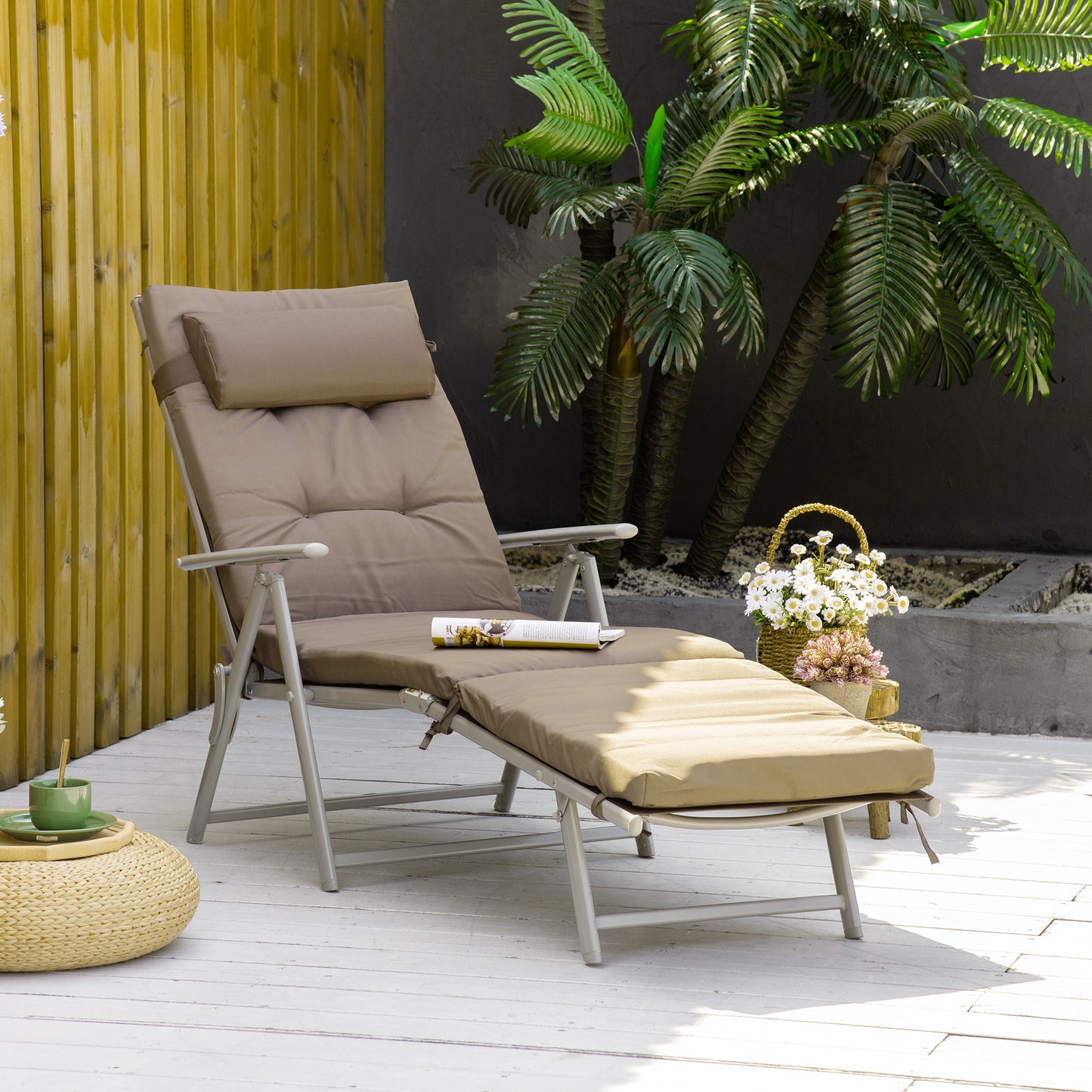 Outsunny Tumbona Plegable Jardín Con Respaldo Ajustable En 7 Posiciones Marrón_1