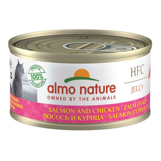 24x70gr Lata De Comida Húmeda Almo Para Gato Hfc De Salmón Y Pollo En Gelatina_0
