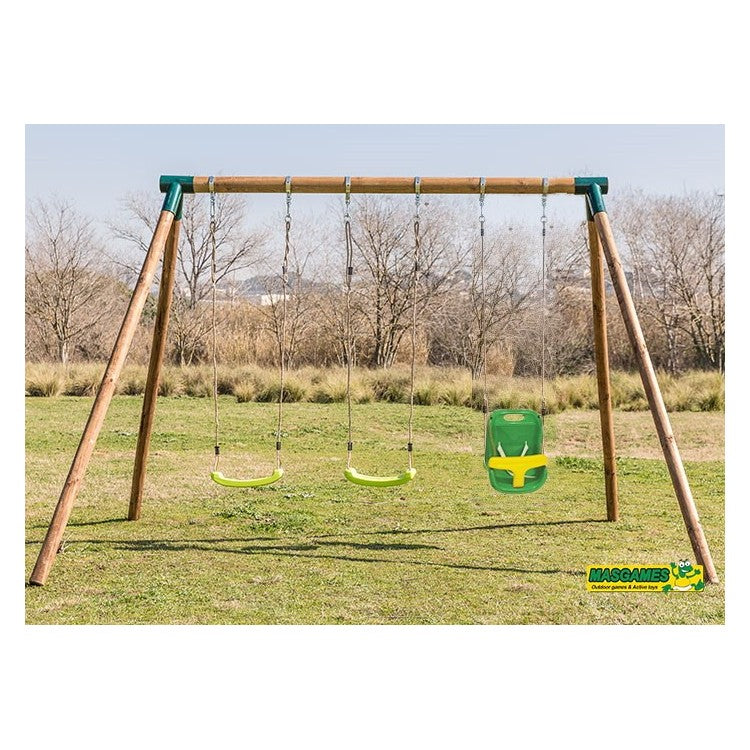Columpio Triple De Madera Redonda Masgames Etna Xl + Asiento Bebe._1
