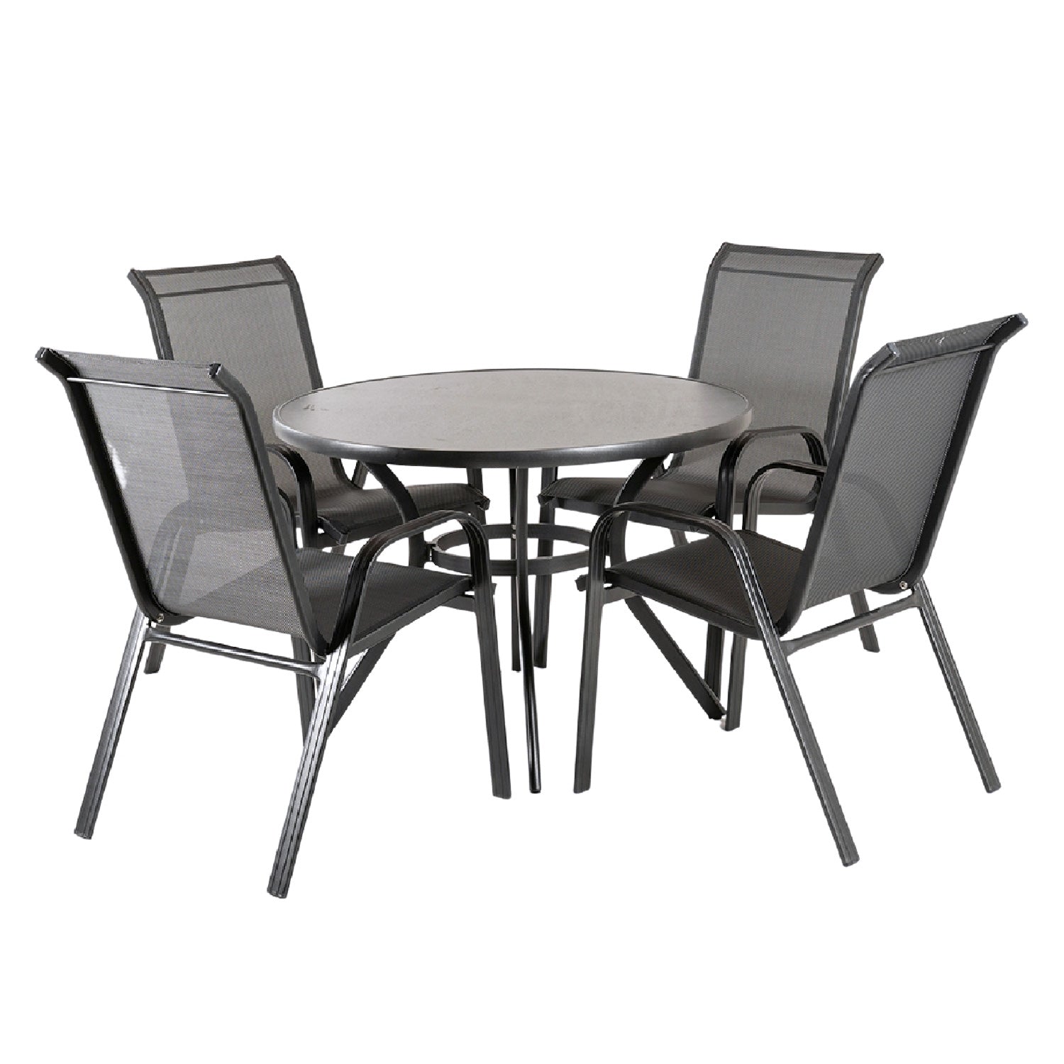 Conjunto De Terraza, Mesa Redonda De 105 Cm De Diámetro Y 4 Sillones De Aluminio Color Antracita._0