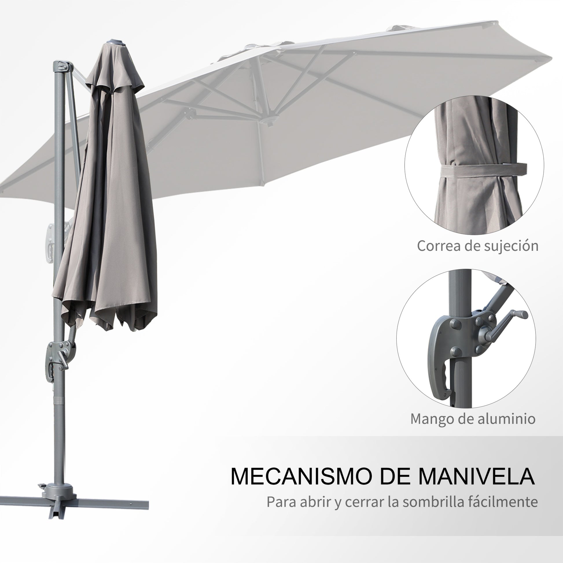 Outsunny Sombrilla Jardín Ø300x250 Cm Rotación 360° Inclinación 6 Niveles Gris_5