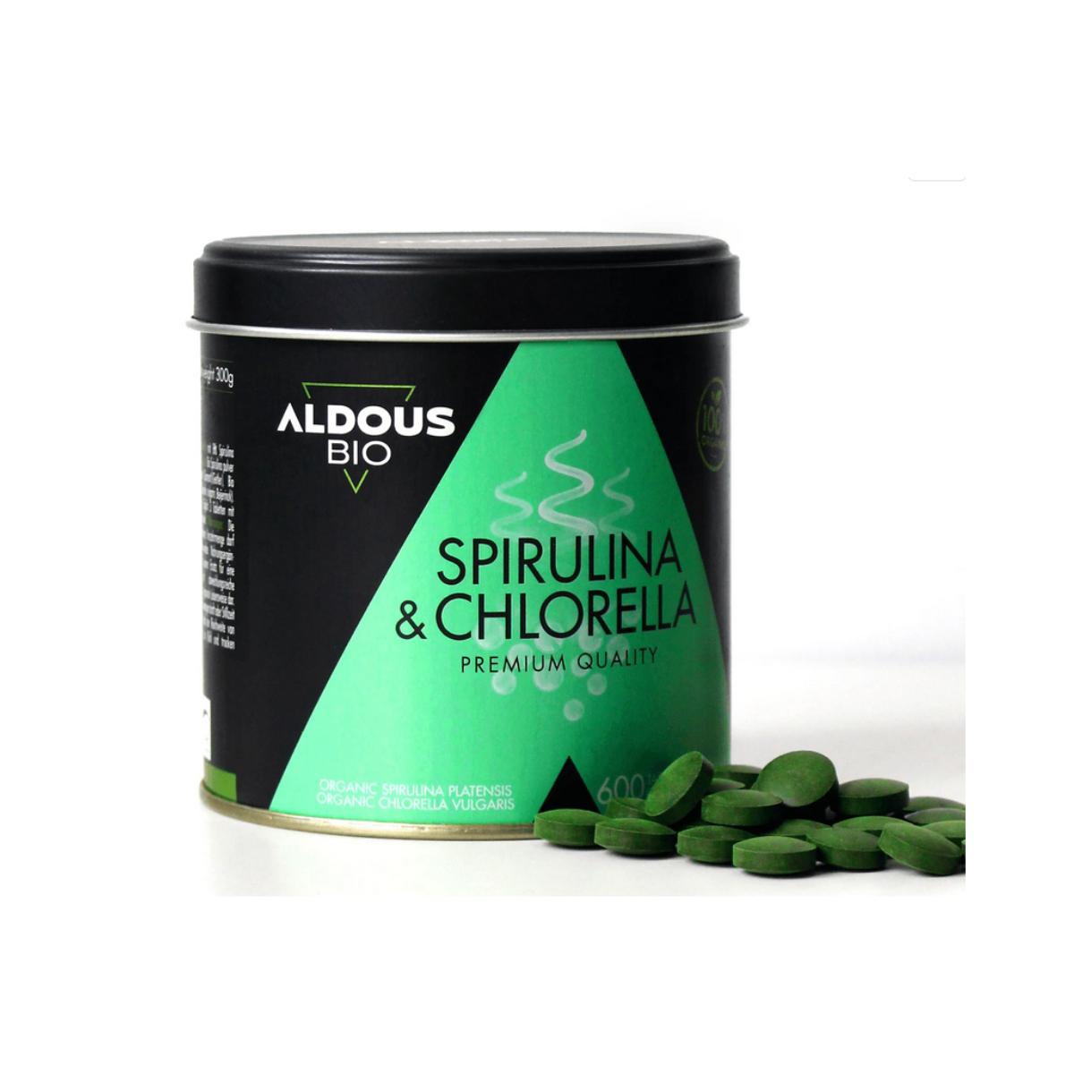 Mistura orgânica de spirulina e clorela, 600 comprimidos. Aldous Bio