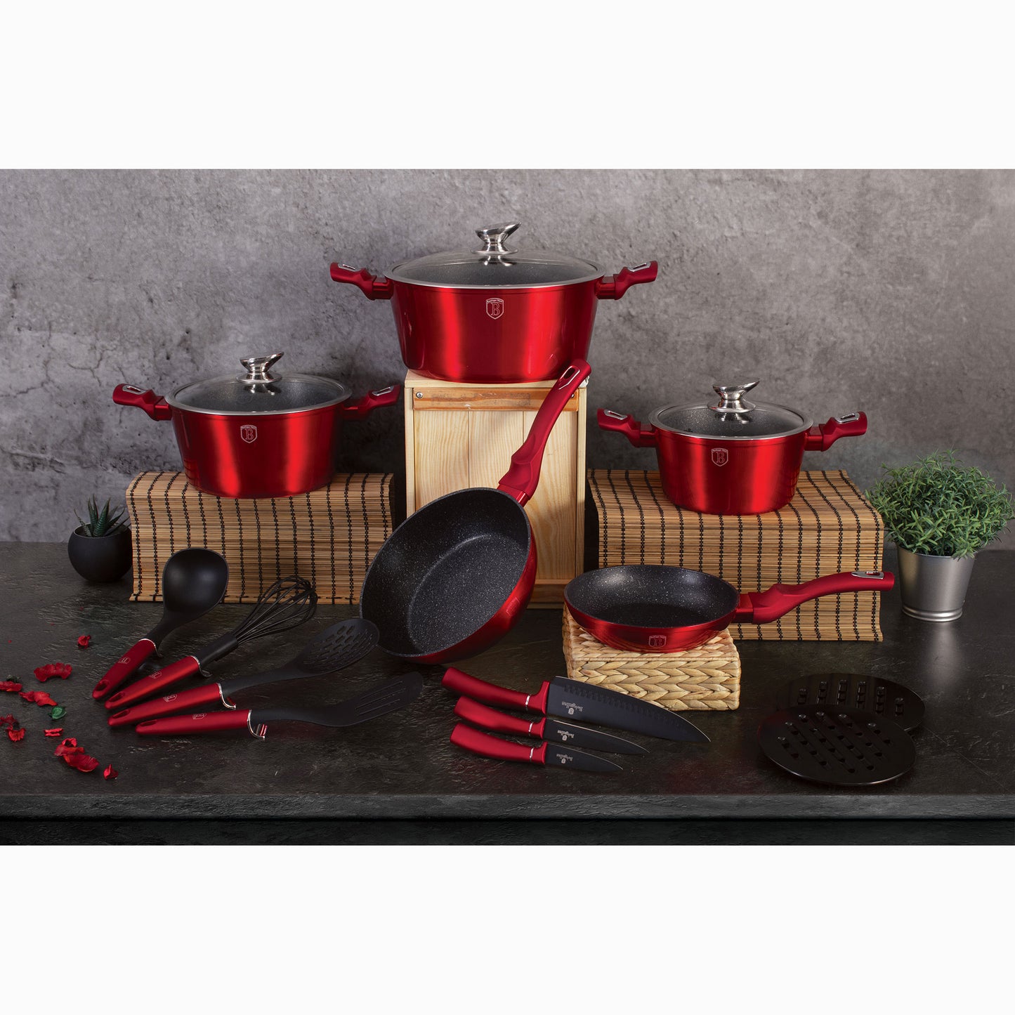 Batería Cocina Inducción 17 Piezas, Antiadherente Mármol Sin Pfoa, Aluminio, Cazuelas Sartenes Berlinger Haus Burgundy Rojo_2
