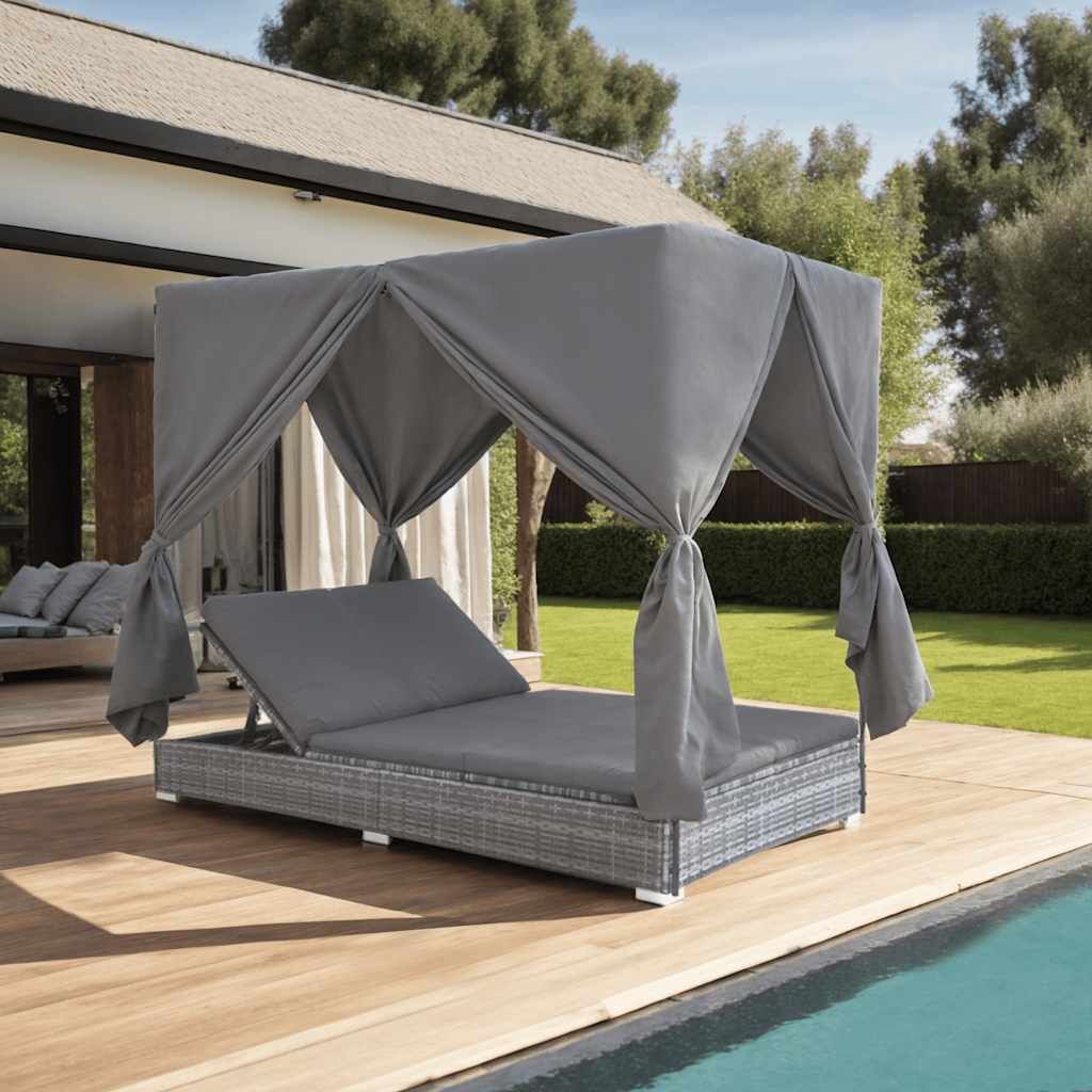 Vidaxl Tumbona Cama Con Cortinas De Ratán Sintético Gris_1