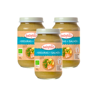 Embalagem com 3 potes tradicionais de menu com legumes e salmão, 200g. Babybio