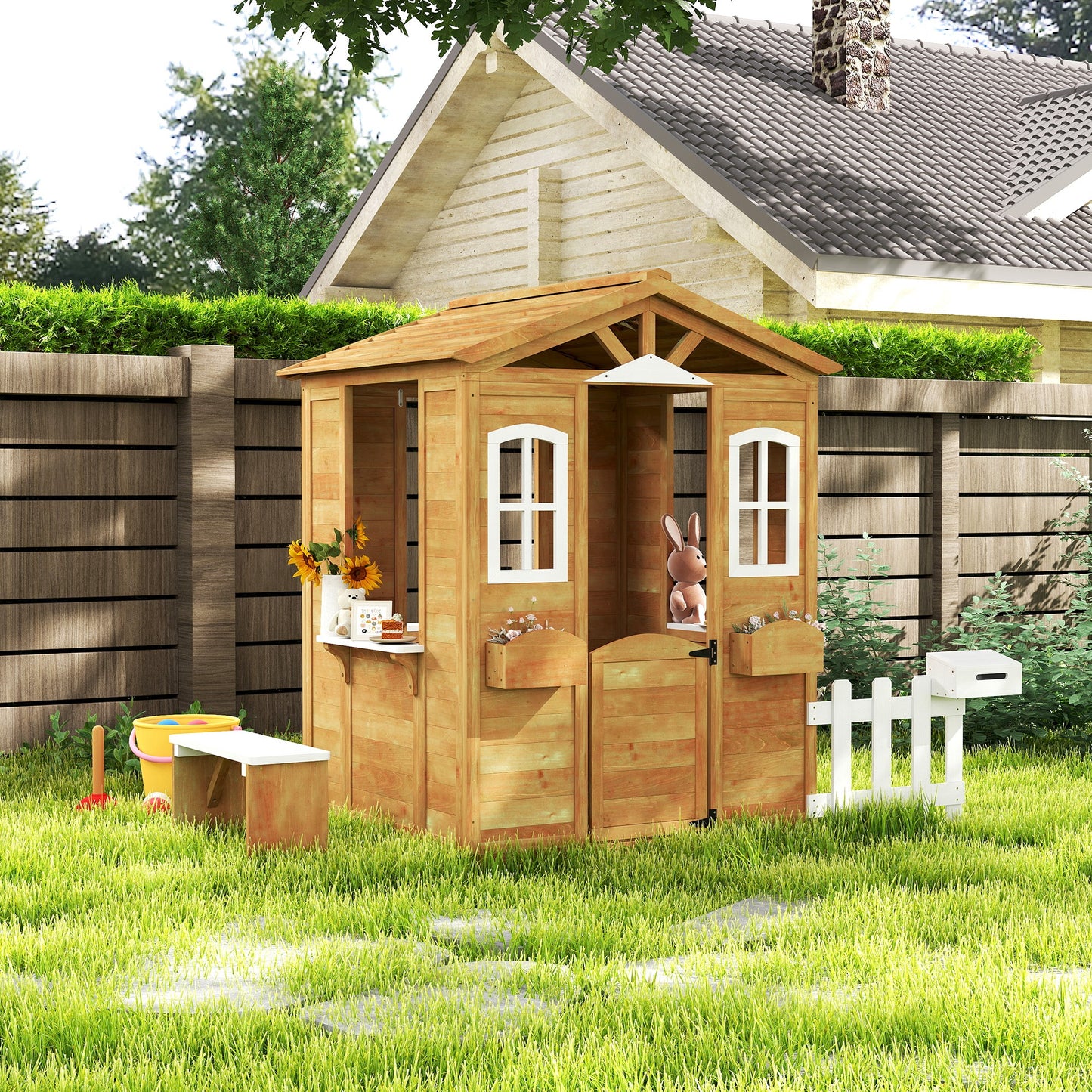 Outsunny Casita Infantil Exterior De Madera 205x119x140cm Para +3 Años Natural_4