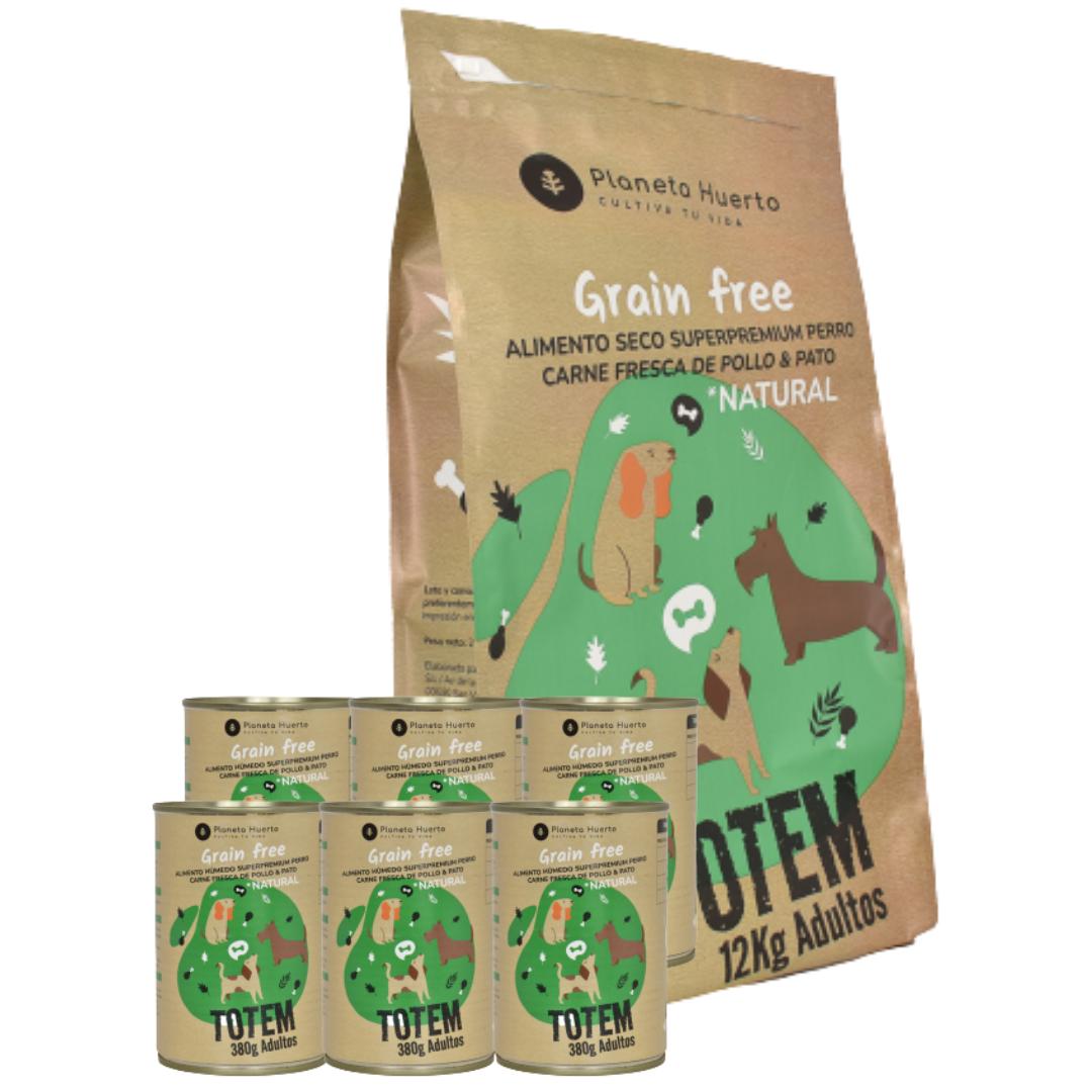 Pack Ração + Ração Húmida para Cães Superpremium Frango e Pato Planeta Huerto (12 kg + 6 unidades)