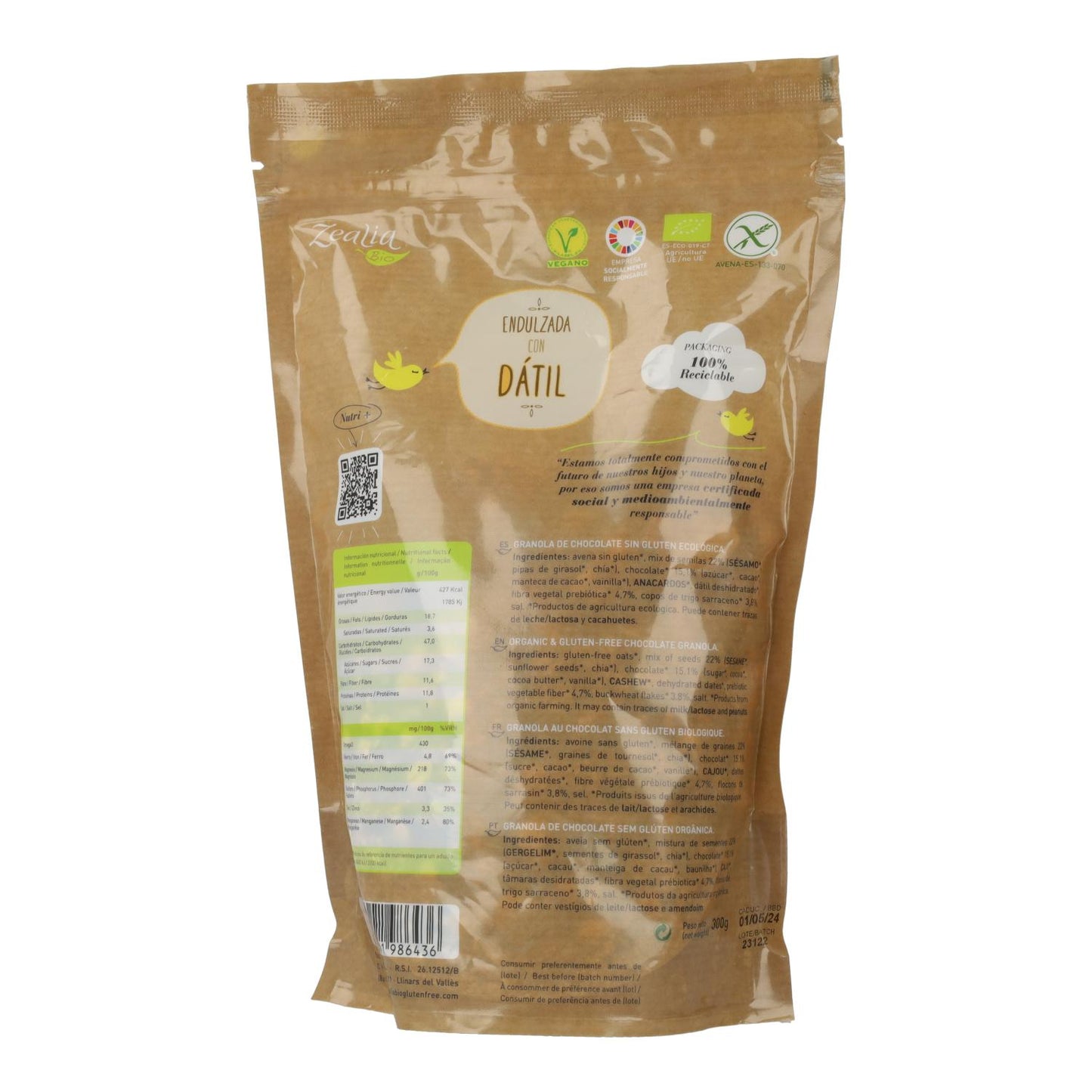 Granola de Chocolate BIO sem Glúten Zealia 300 gr
