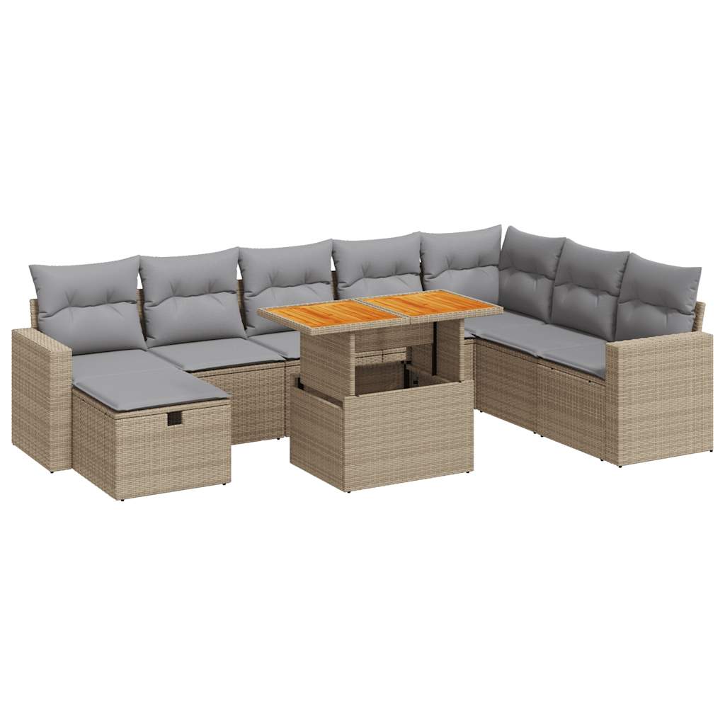 Set Sofás Jardín Y Cojines 9 Pzas Ratán Sintético Acacia Beige / Vetonek_1