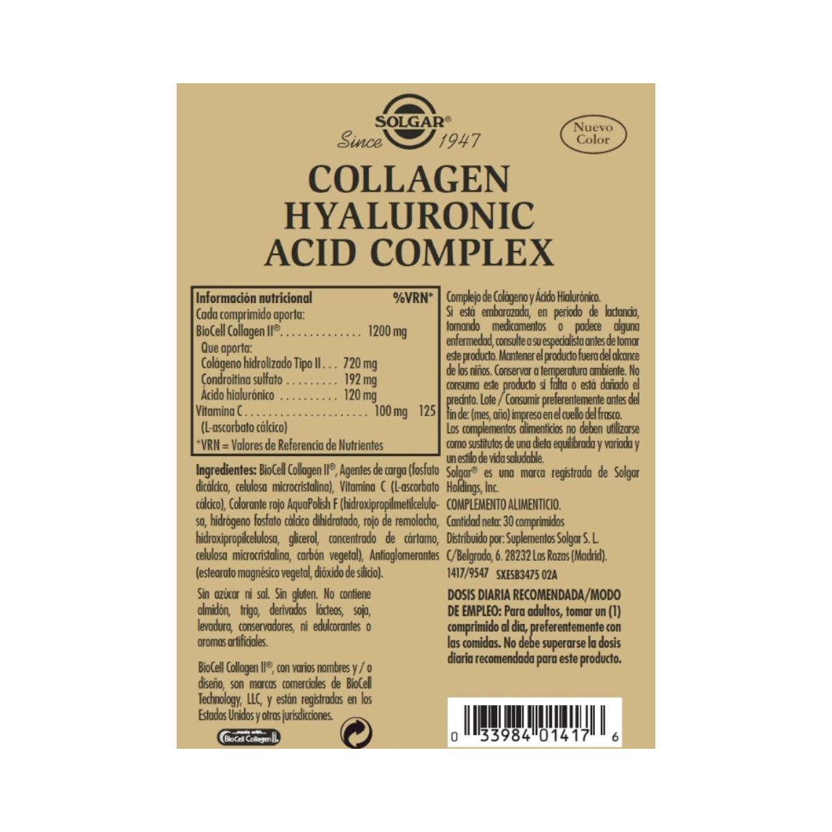 Embalagem 2x Complexo de colagénio ácido hialurónico 30 comp 120 mg - Solgar