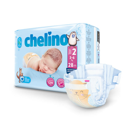 Embalagem de 6 Fraldas T2 Recém-Nascido (3-6 kg) 28 unidades, Chelino
