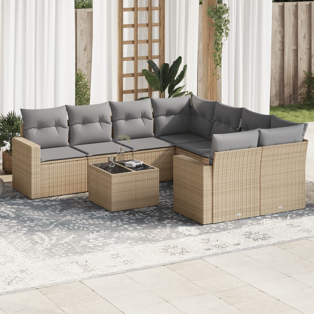 Set De Sofás De Jardín 9 Pzas Con Cojines Ratán Sintético Beige / Vetonek_2