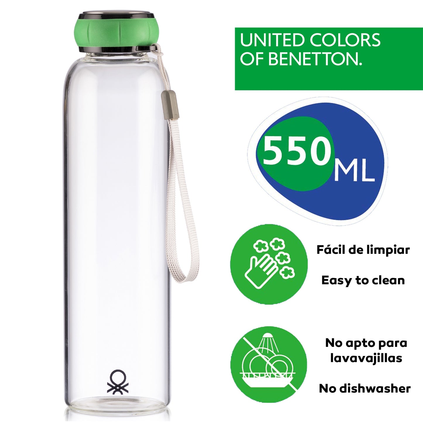 Botella De Agua 550ml Borosilicato Tapa Verde Casa Benetton_1