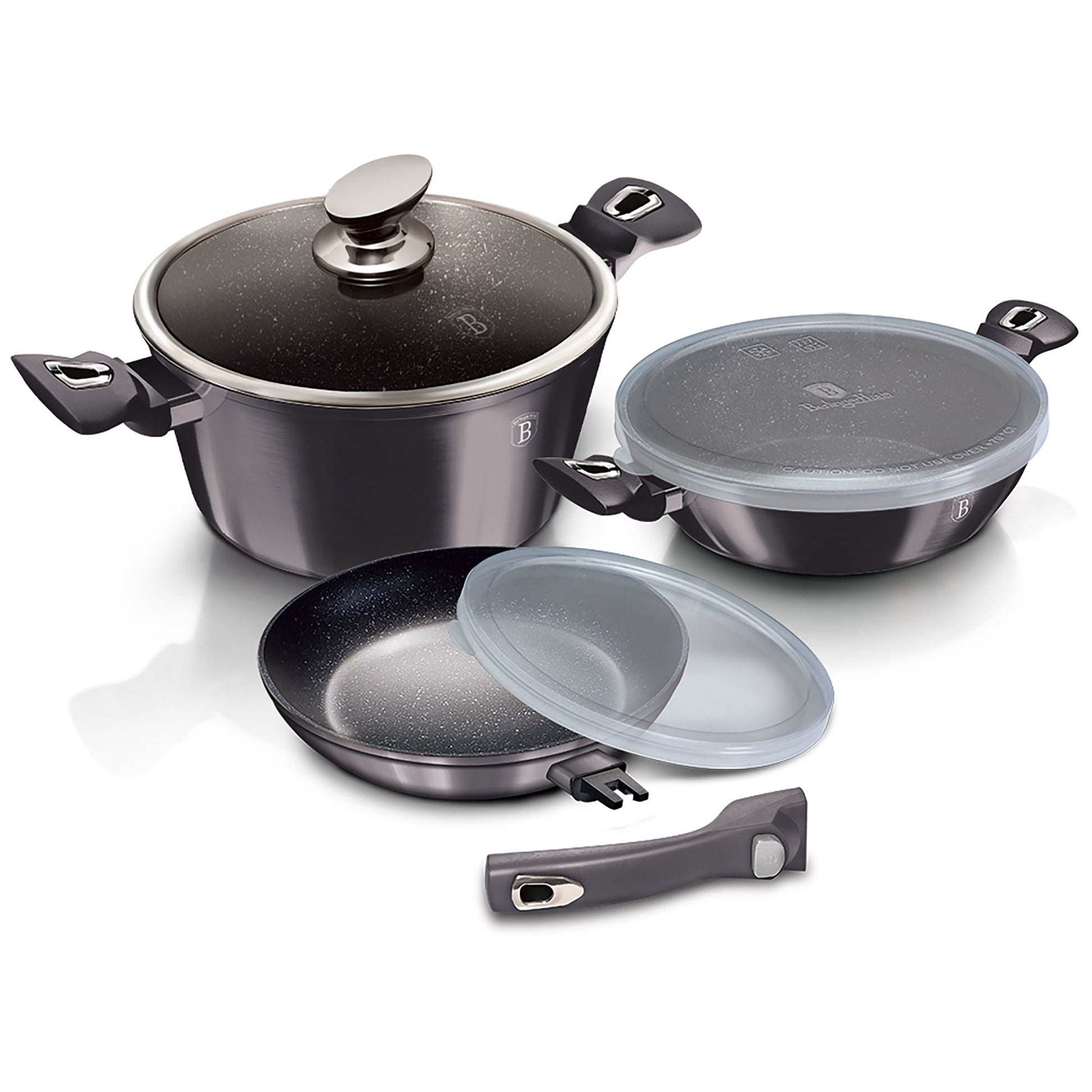Batería De Cocina Aluminio Forjado Antiadherente Sin Pfoa, Set 2 Cacerolas, 1 Sartén, Tapas Berlinger Haus Carbon Pro Gris Oscuro_0
