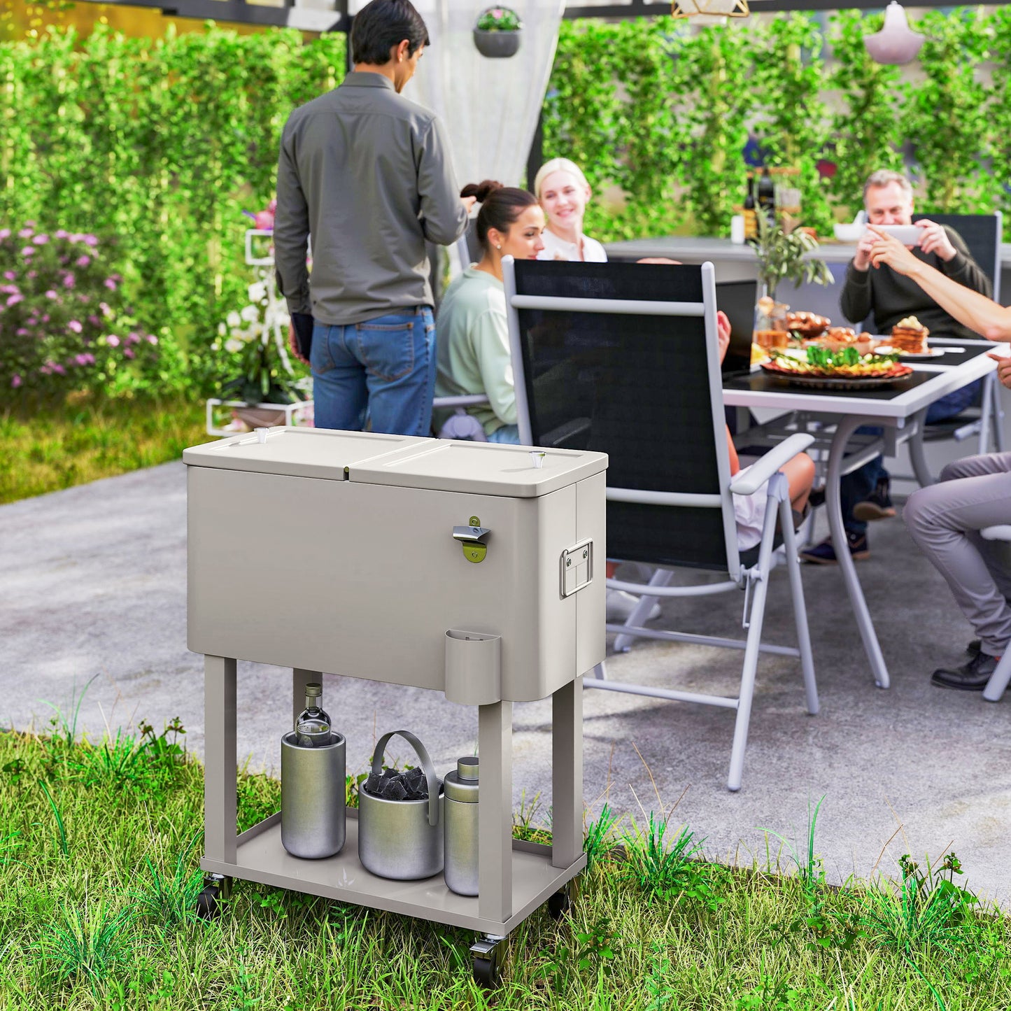 Outsunny Carro De Bebidas Refrigerado 56l Con Ruedas 67x35x80 Cm Gris Claro_3