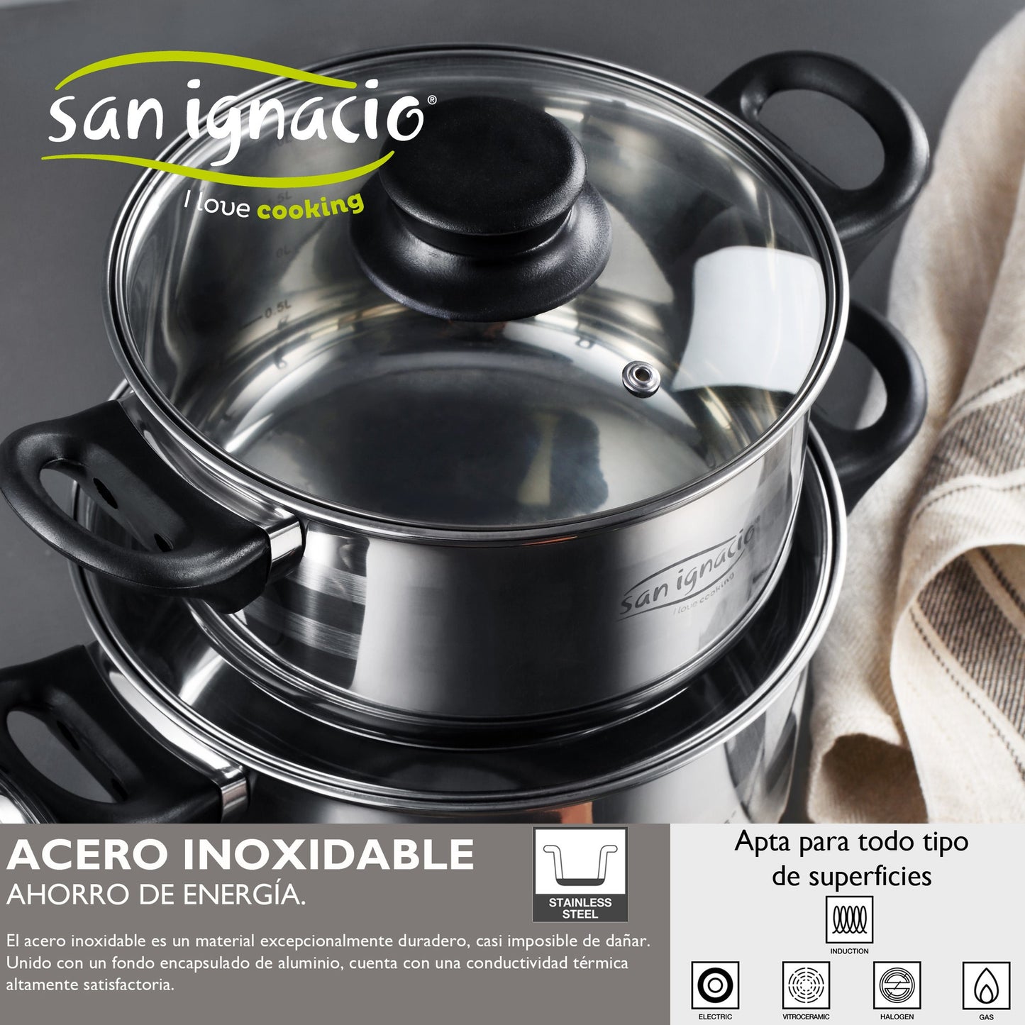 Batería De Cocina Sip 8 Piezas (dos Cazos + Tres Ollas Con Tapa De Vidrio) Con Set De 3 Sartenes Ø16/20/24 Cms Color Negro., Inducción
