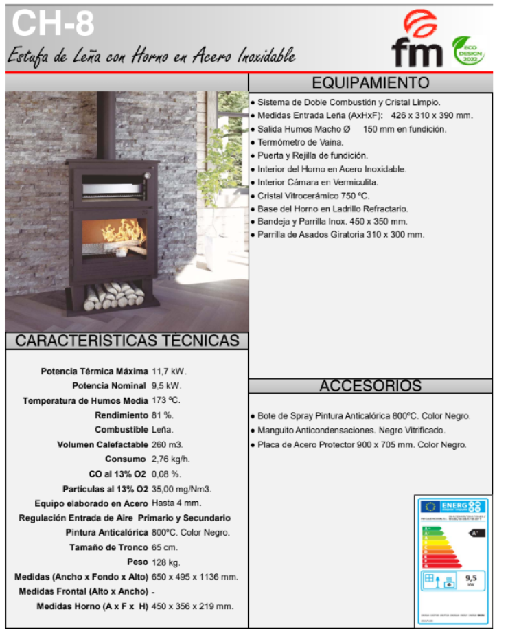 BRICOSOL Estufa de leña con horno en acero inoxidable FM Modelo CH-8_2