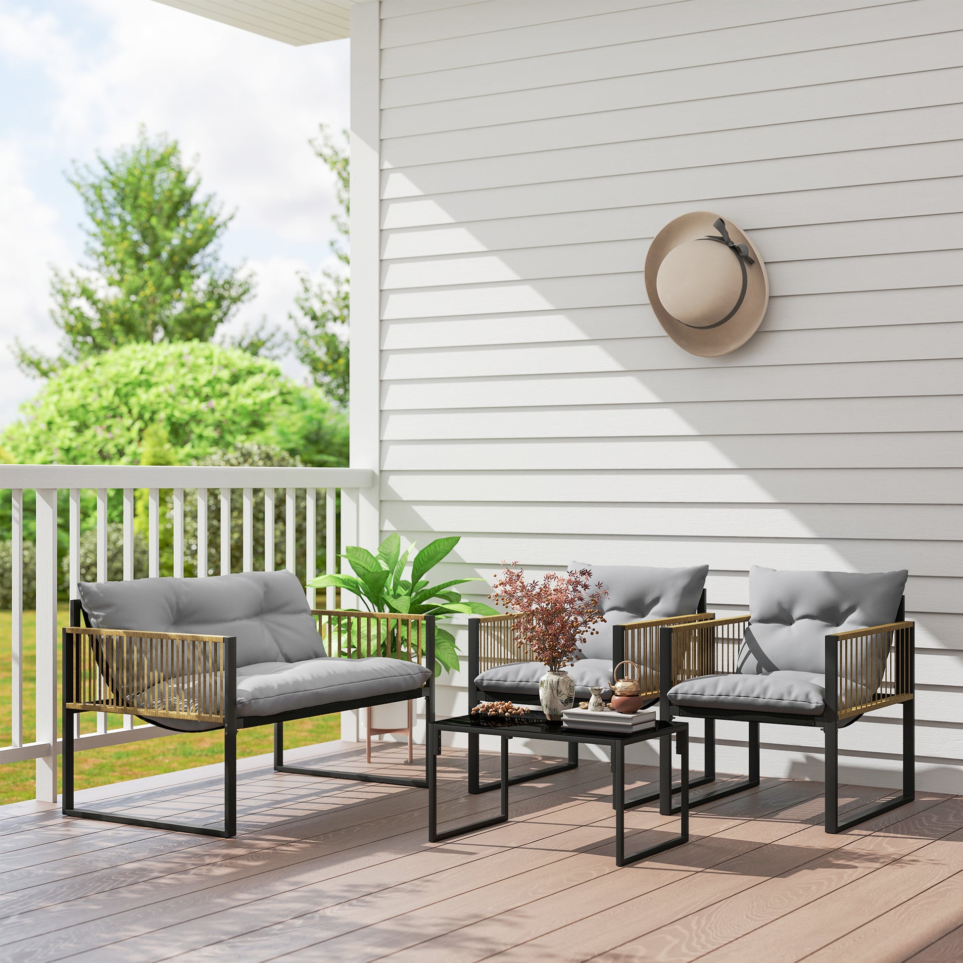 Outsunny Conjunto De Jardín Exterior De Ratán Sintético De 4 Piezas Gris Natural_4