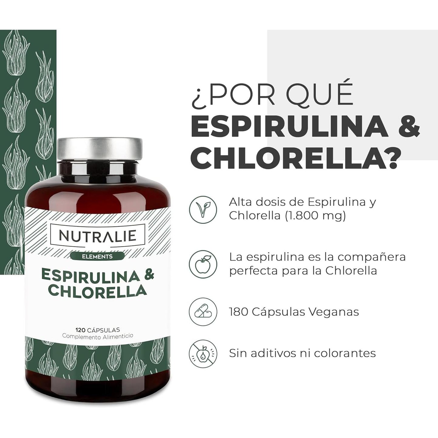 Nutralie Spirulina e Chlorella 1800mg Energia e Força 180 Cápsulas