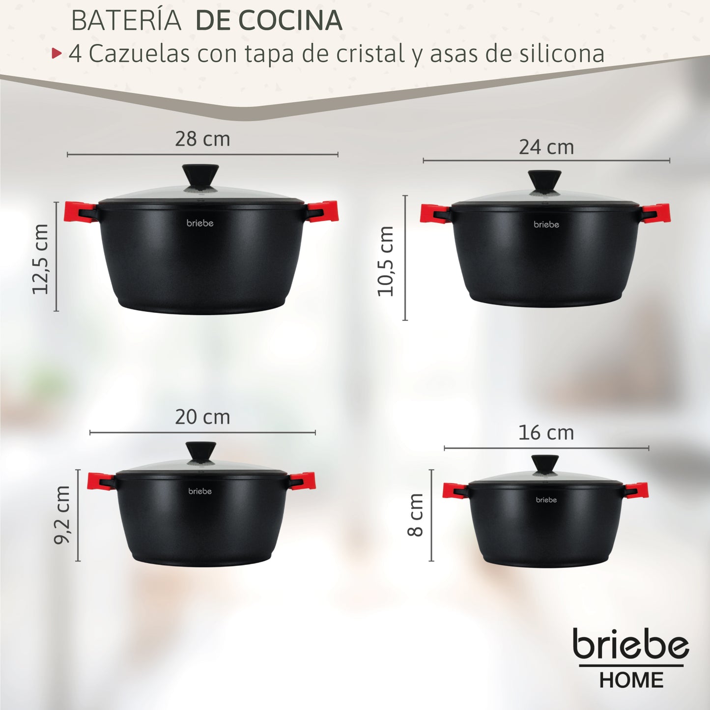 Briebe Batería Cocina Inducción Antiadherente Titanio, 8 Piezas Aluminio Fundido 4 Ollas Sin Pfoa Tapa, Blackt4, Negro_2