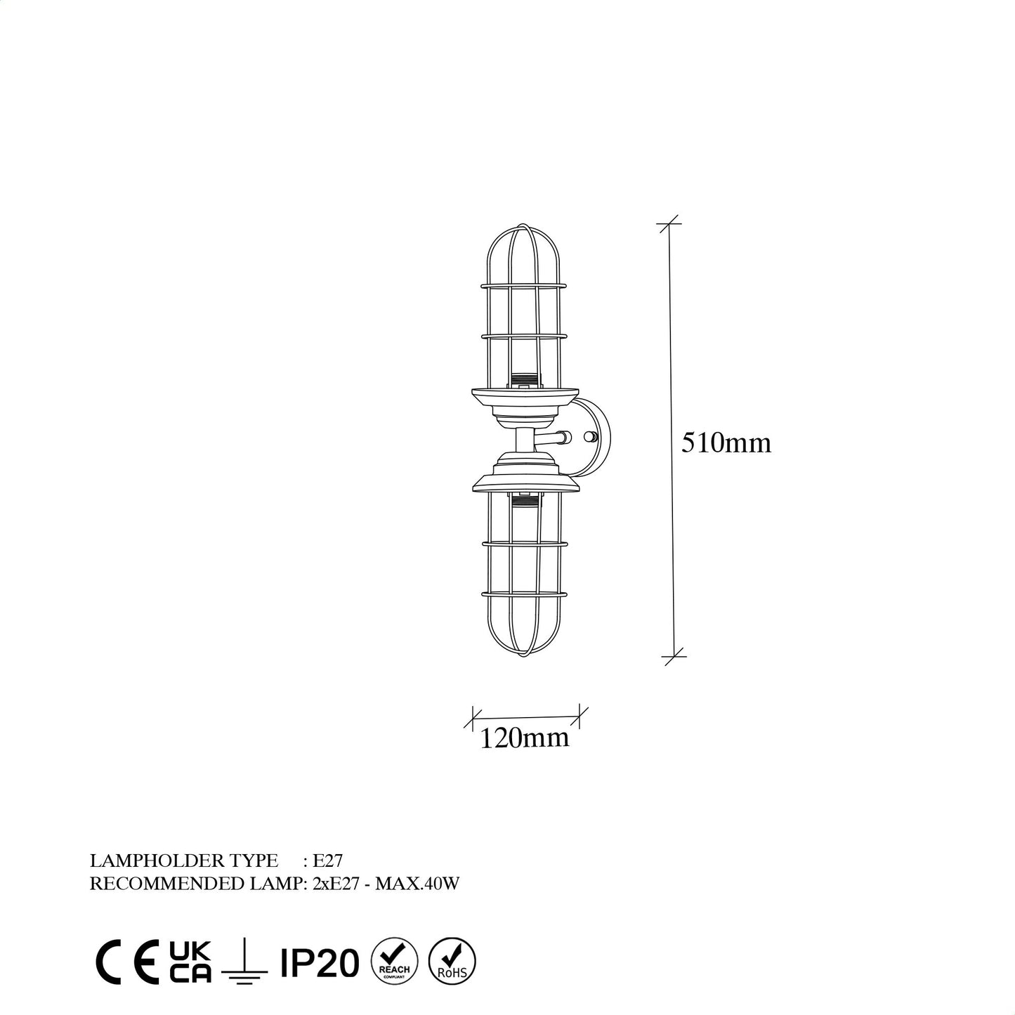 Aplique De Pared, Metal , Negro, 12x20x51, Casquillo 2 X E27 Max 40 W