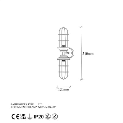 Aplique De Pared, Metal , Negro, 12x20x51, Casquillo 2 X E27 Max 40 W