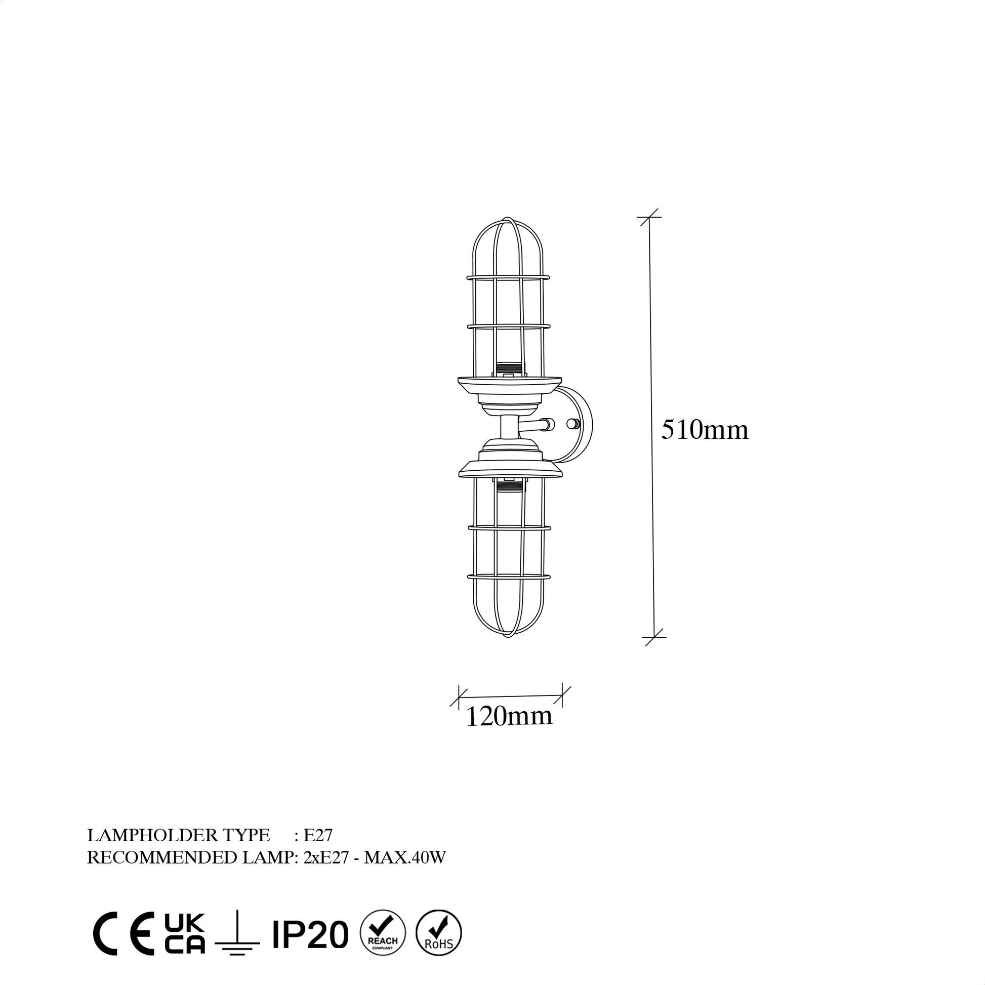 Aplique De Pared, Metal , Negro, 12x20x51, Casquillo 2 X E27 Max 40 W_1