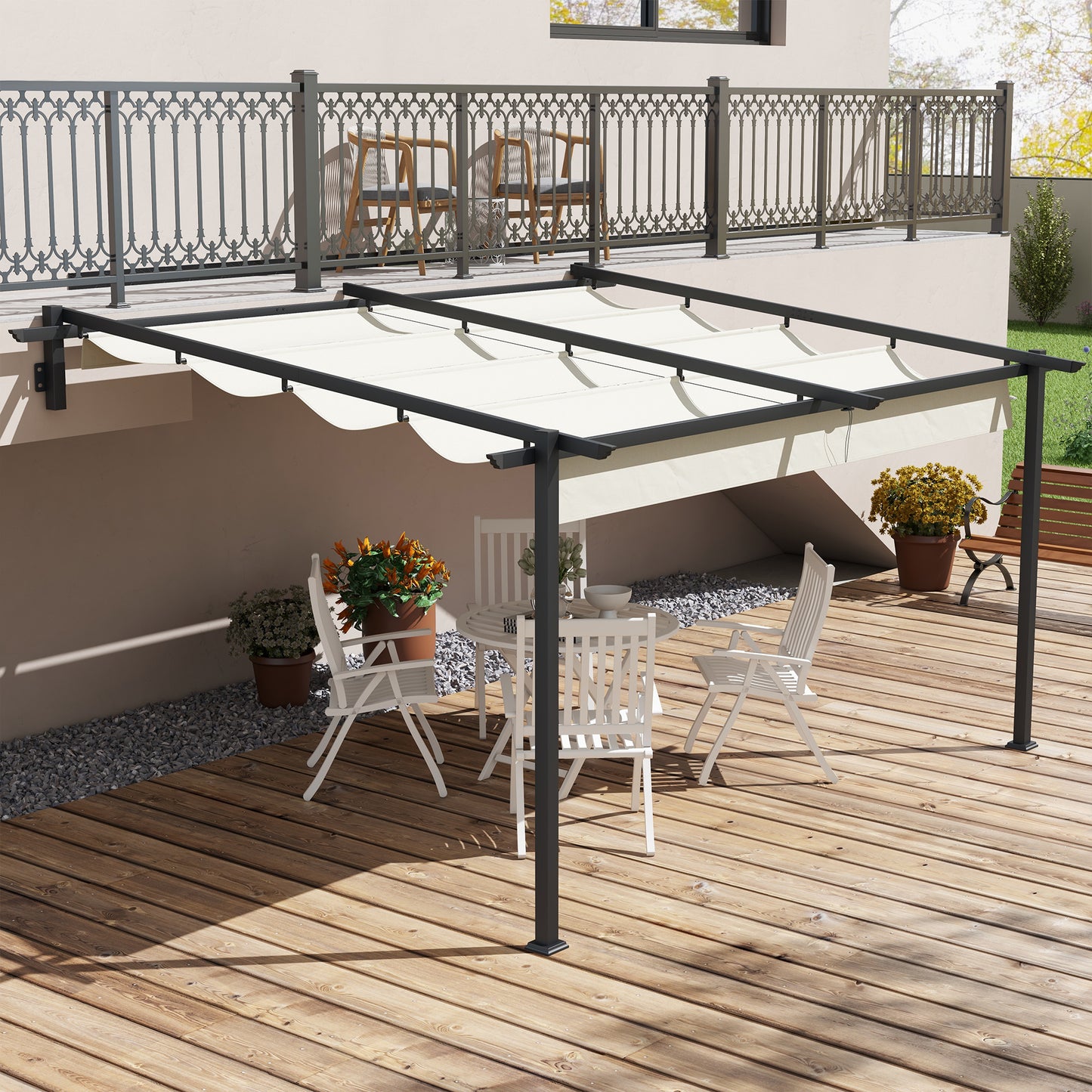 Outsunny Pérgola De Pared 4x3 M Con Techo Retráctil De Poliéster Crema Y Gris_1