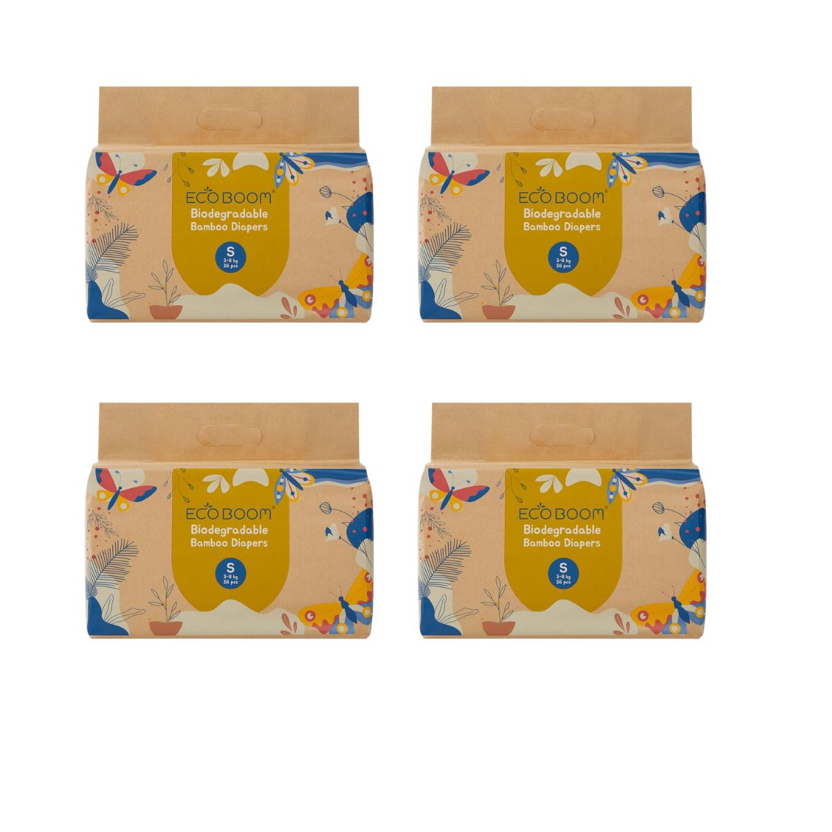ECOBOOM - Fralda de Bambu Eco Boom. 70% biodegradável, hipoalergénica (tamanho 2/P, 3-8 kg, embalagem de 4 saquetas, total de 144 fraldas)