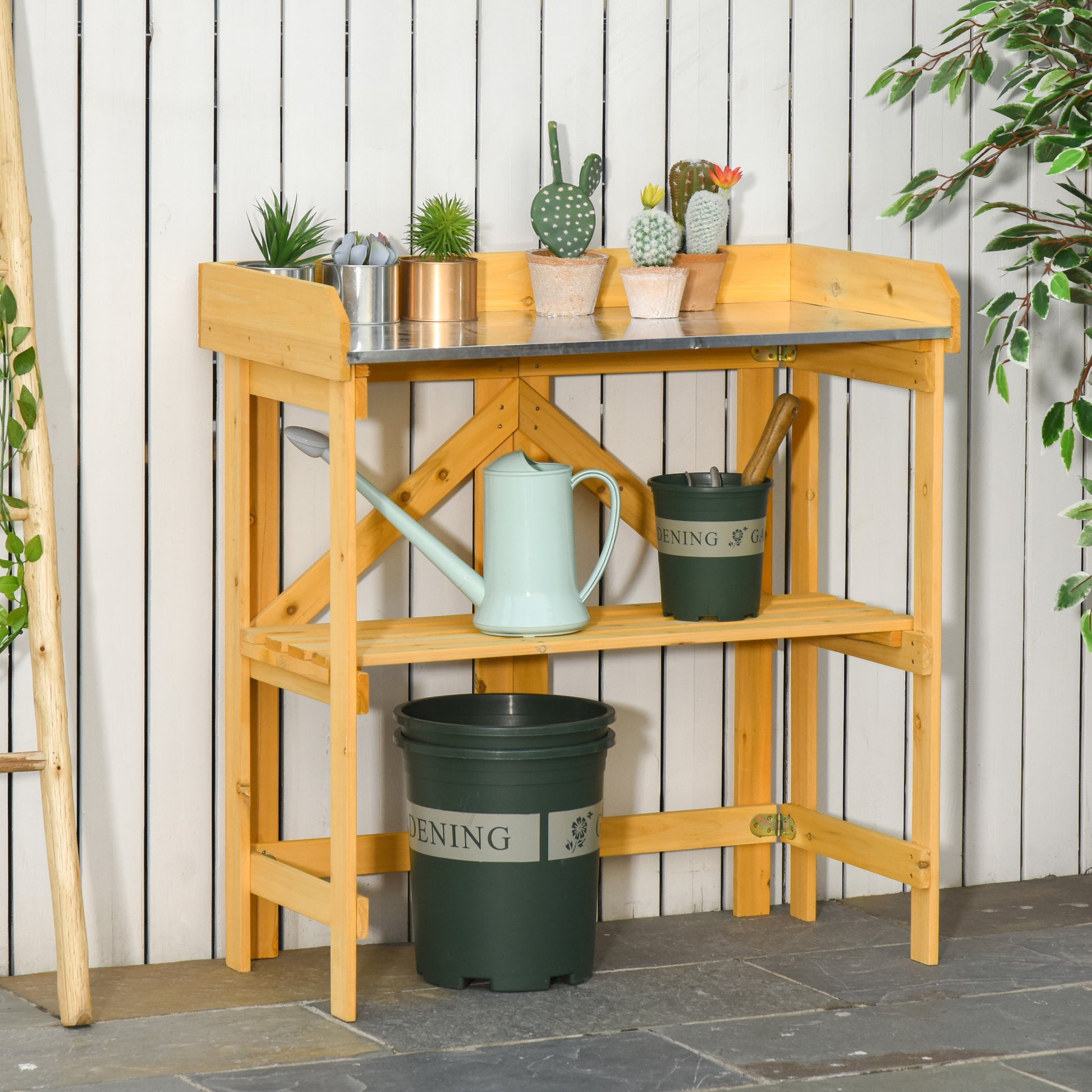 Outsunny Mesa De Plantación Plegable De Madera Con Placa De Zinc Y Estante_1