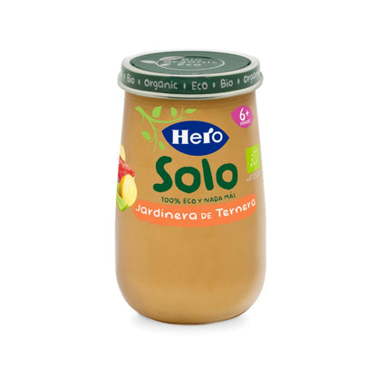 Embalagem de 2 frascos biológicos de legumes da horta com carne de vaca, embalagem com 4 x 190 g. Herói Solo