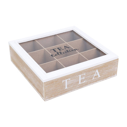 Well Home Caja De Té De 9 Compartimentos Con Tapa De Vidrio En Mdf Blanco_0