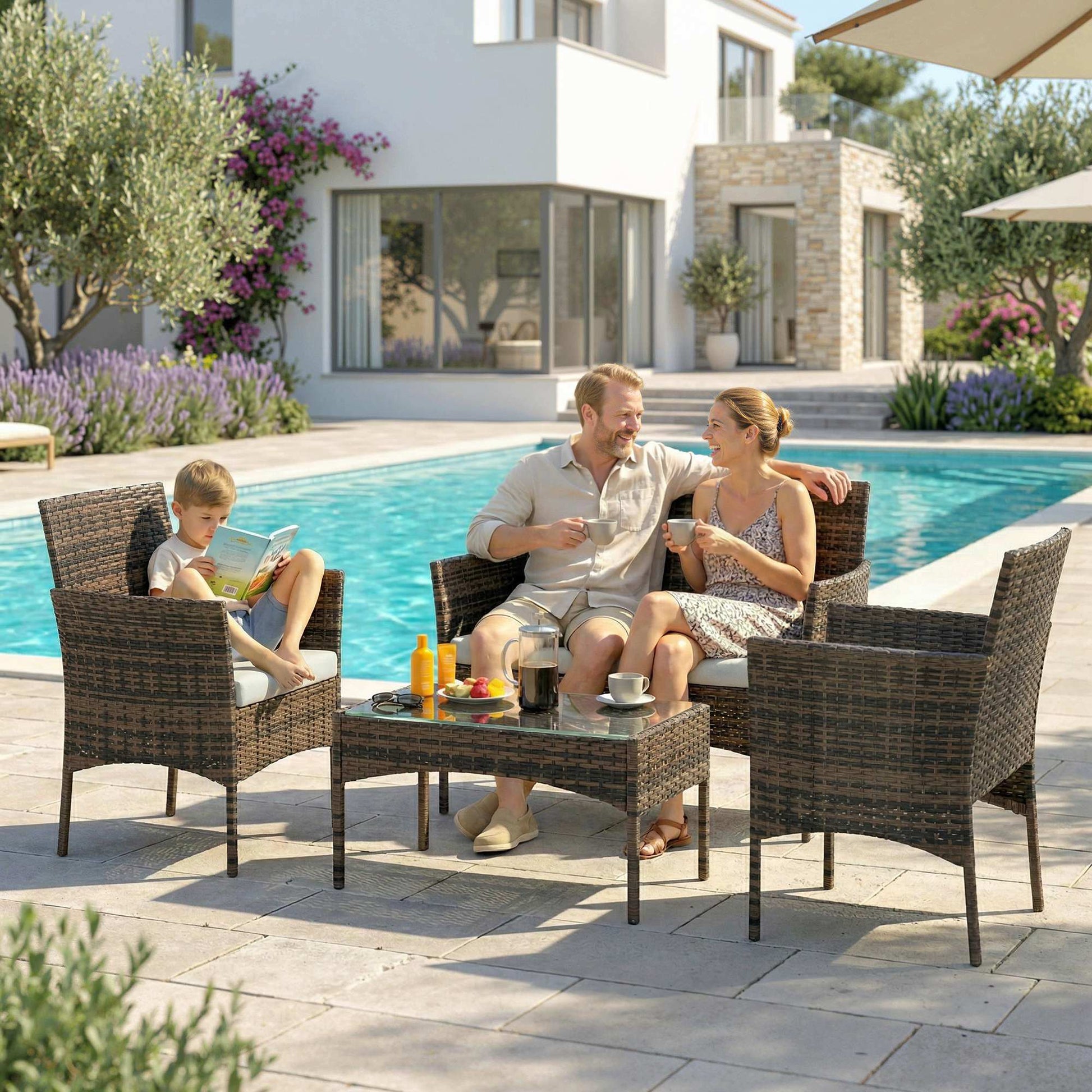 Outsunny Conjunto Jardín Exterior De Ratán Sintético Con Cojines Marrón_3