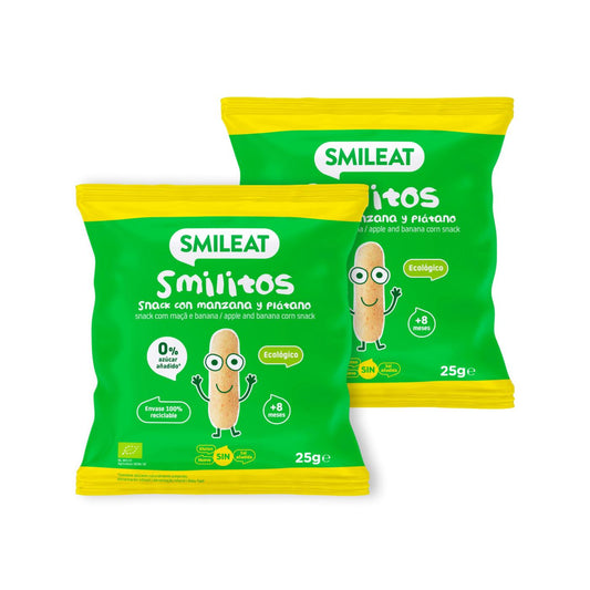 Embalagem de 2 Smilitos, minhocas de maçã e banana, 25g Smileat snack 