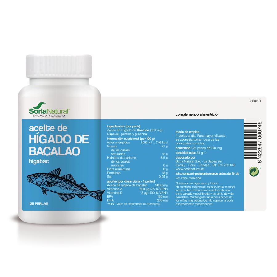Óleo de fígado de bacalhau natural Higabac Soria 125 pérolas