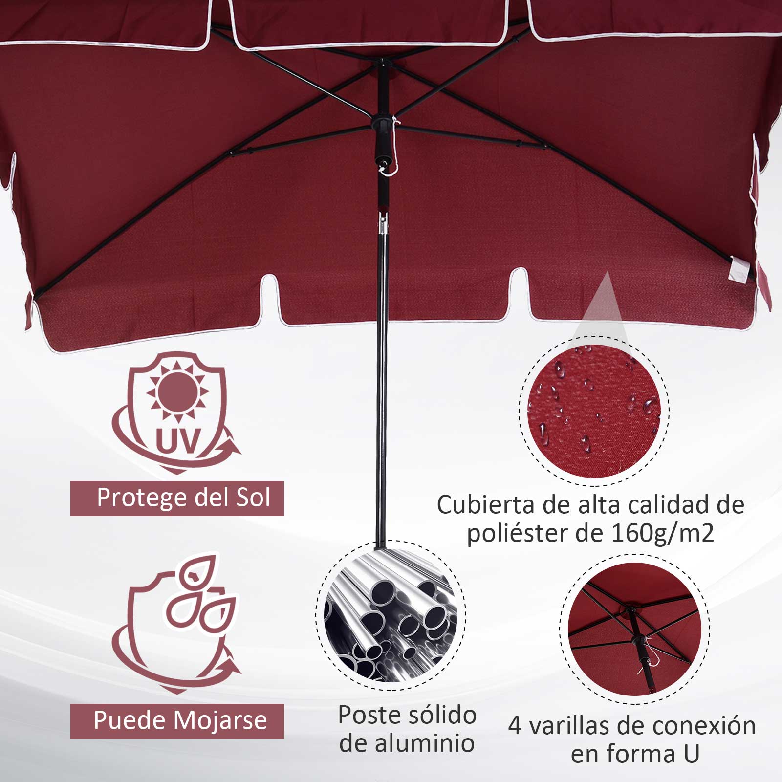 Outsunny Sombrilla De Jardín De Aluminio 2x1,3x2,5 M Rojo Vino_5