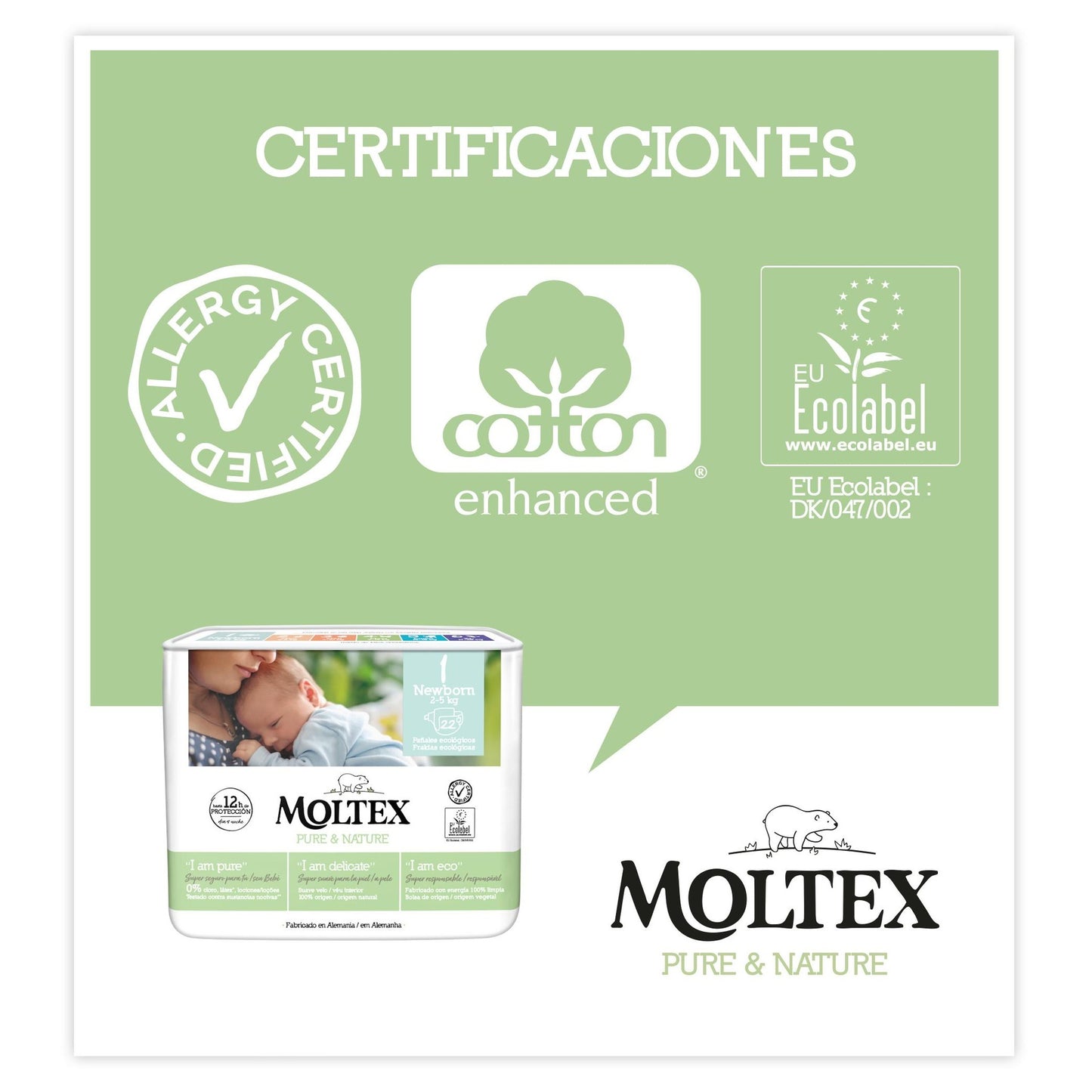 Fraldas T1 (2-5kg) Moltex Pure &amp; Nature, 22 Unidades