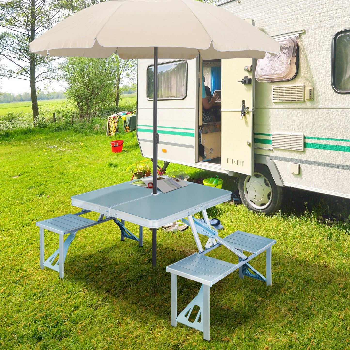 Outsunny Mesa Maleta De Camping Plegable Con 4 Asientos Y Agujero Para Sombrilla_1
