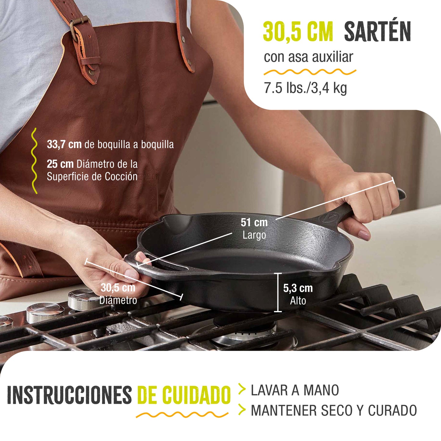 Victoria Sartén Hierro Fundido Curado Diseño Calaca Inducción 30cm Apta Fuego, Horno Cast Iron Skillet, Calaca, Negro_5
