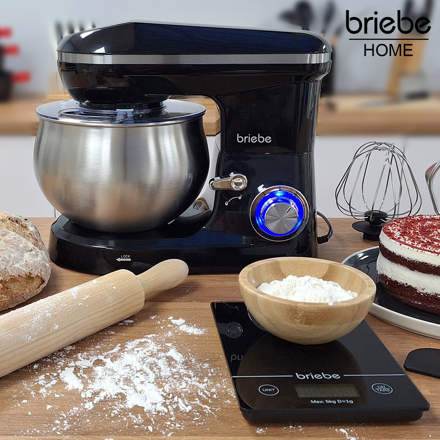 Briebe Batidora Amasadora Repostería Profesional 5l+ Báscula Cocina 6 Velocidades + Pulso Pantalla Led, Km1164b, Negro_1
