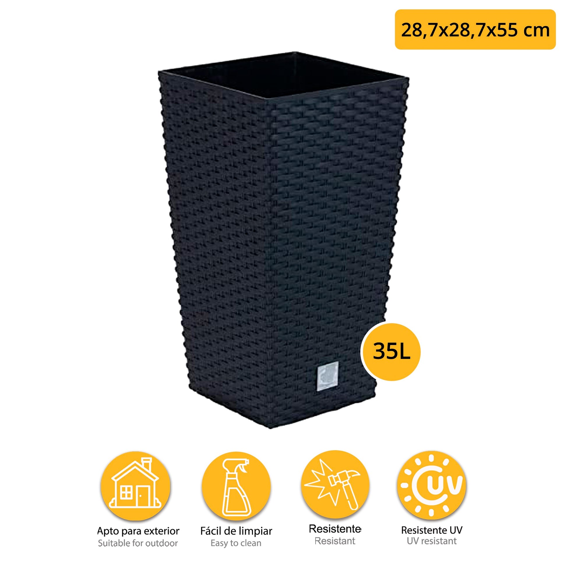 Set De Maceta Rato De 35 Litros Con Inserto 28,7 X 28,7 X 55 Cm En Color Antracita + Bola De Boj Diámetro 36 Cm